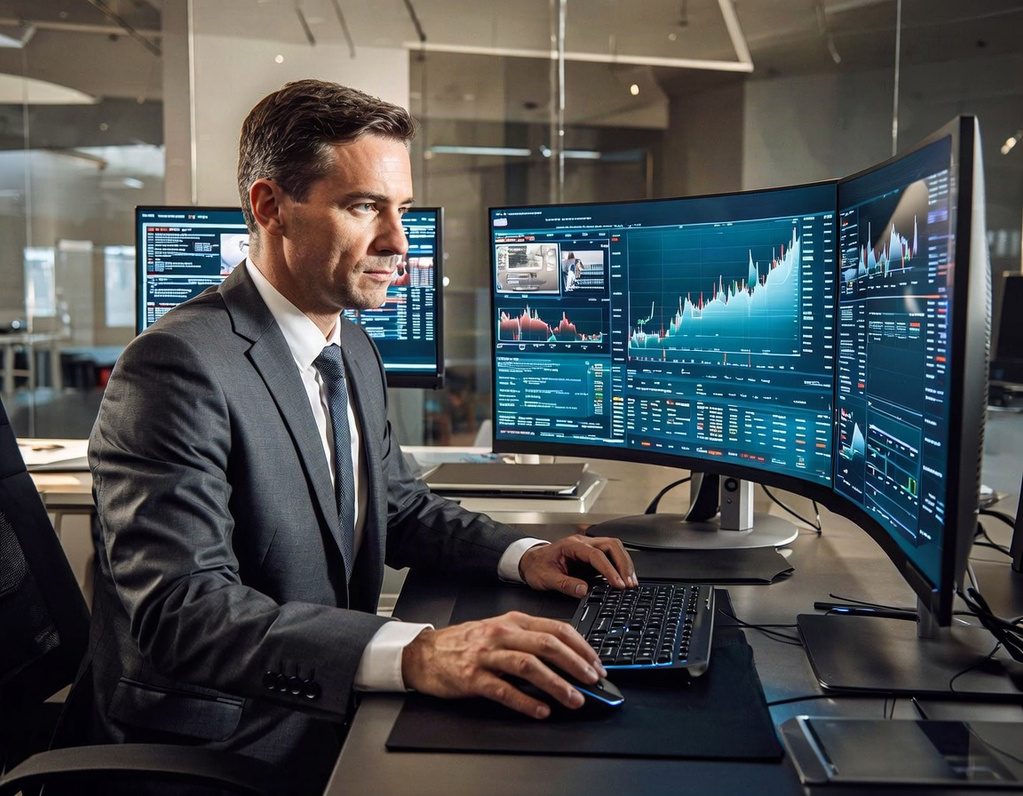 Profesional trabajando con herramientas digitales y análisis de datos en varios monitores
